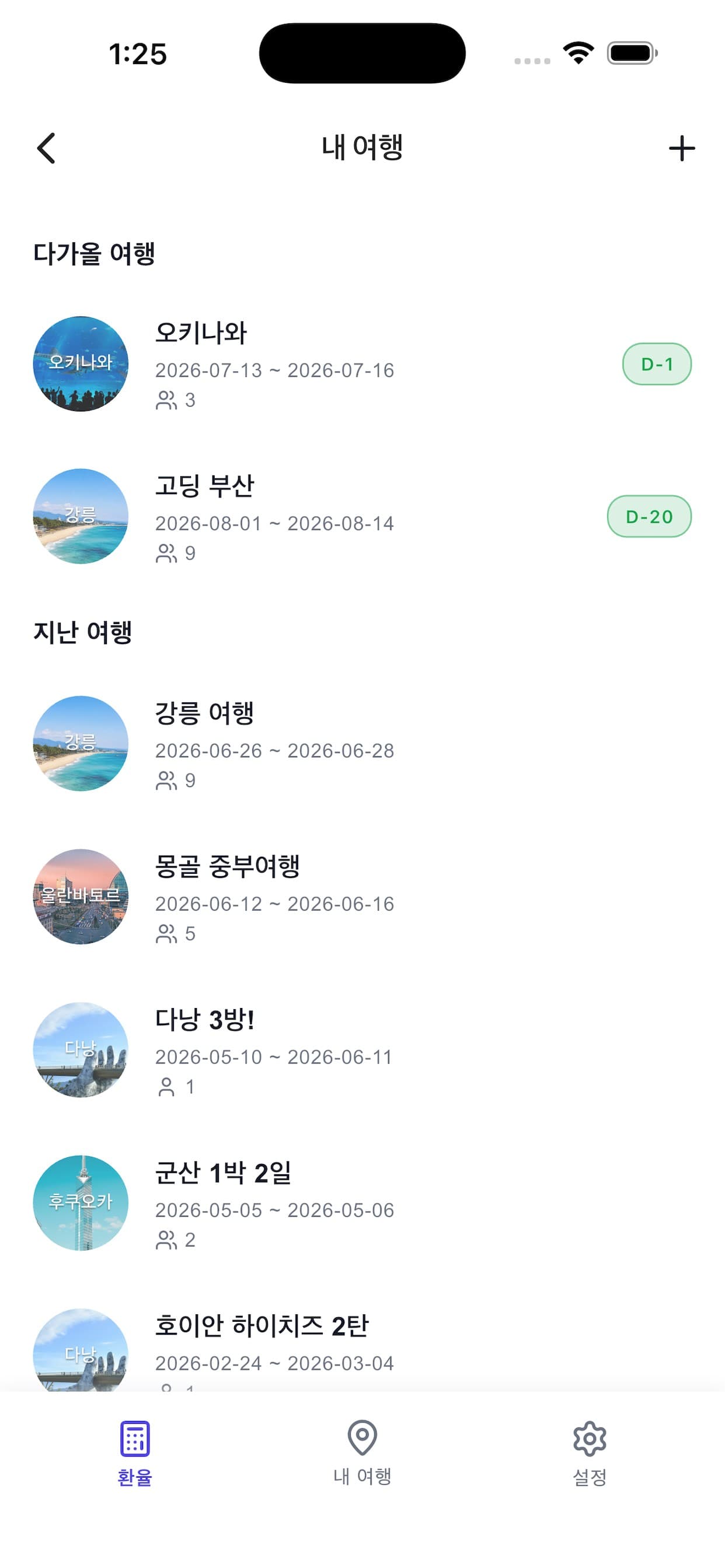 VeryBerry 여행 리스트 화면 — 여행 가계부 앱